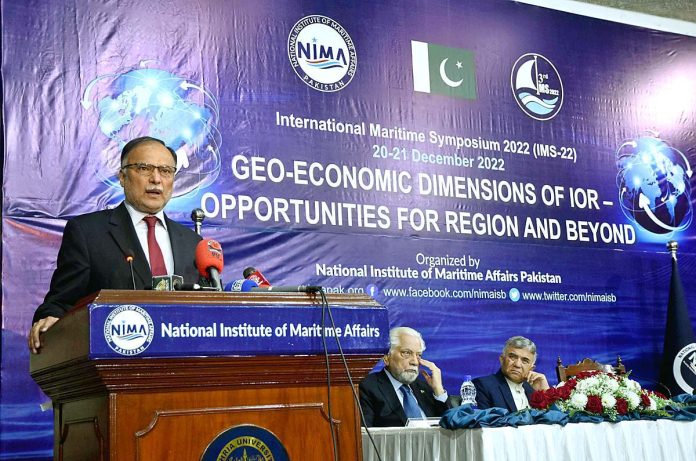 Federal Minister for Planning Development and Special Initiative Ahsan Iqbal addressing to the International Maritime Symposium 2022 at Bahria University