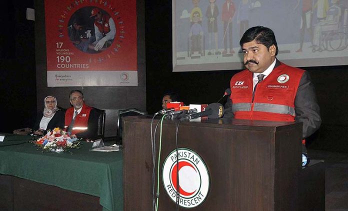 Chairman Pakistan Red Crescent Society Sardar Shahid Ahmed Laghari addressing during the 