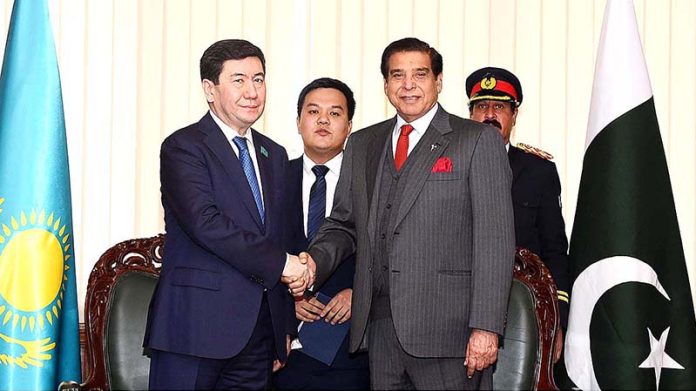 Speaker National Assembly Raja Pervez Ashraf receiving Chairman Mazhilis of the Parliament of Kazakhstan Yerlan Koshanov at the Parliament House