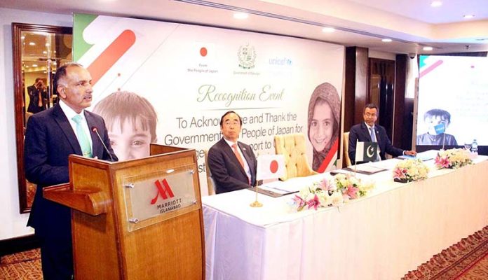 Chairman NDMA, Lt. General Inam Haider Malik delivering remarks during recognition event to acknowledge the government & people of Japan for humanitarian support through UNICEF