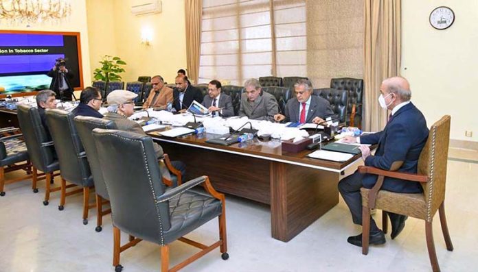 Prime Minister Muhammad Shehbaz Sharif chairing a meeting on curbing Tobacco Smuggling and tax evasion