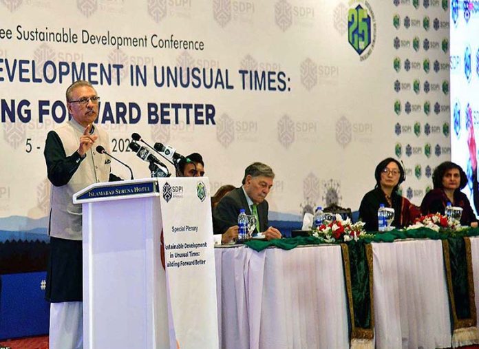 President Dr Arif Alvi addressing a conference on Sustainable Development in Unusual Times