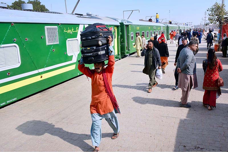 A view of Green line train attached with new imported coaches from china at railway station.