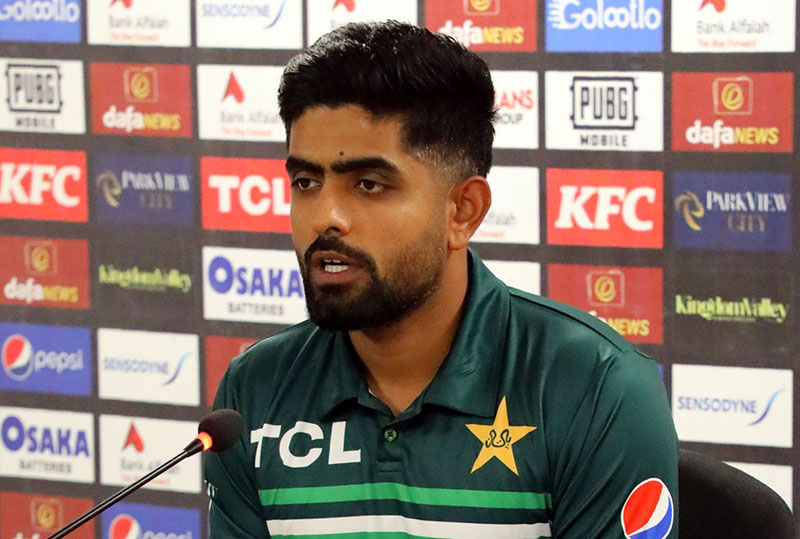 Pakistan's captain Babar Azam speaks during a press conference ahead of ...