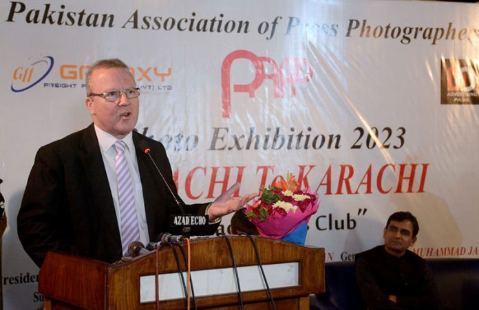 Head of Mission British Deputy High Commission Martin Dawson addressing a ceremony of a three-day photo exhibition titled ‘Kolachi to Karachi’ organized by Pakistan Association of Press Photographers (PAPP) at Karachi Press Club