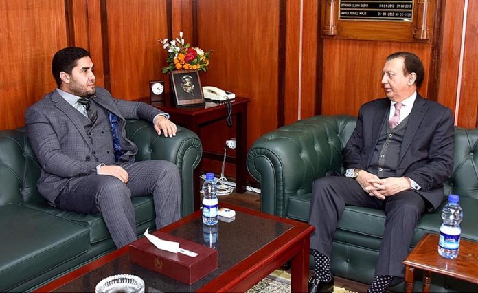 Secretary Senate, Muhammad Qasim Samad Khan exchanging views with Abdulhafith R.J. Almubarki, counselor (acting charge d’ affaires) of Libya at Parliament House