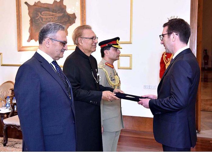 The Non-Resident Ambassador-designate of Kosovo to Pakistan Agon Vrenezi presenting his credentials to President Dr. Arif Alvi at Aiwan-e-Sadr