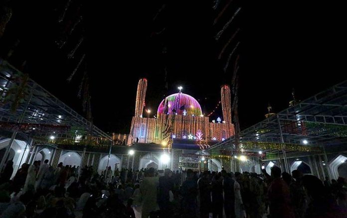 An illuminated view of shrine of Hazrat Laal Shahbaz Qalandar decorated with lights on the occasion of 771st Urs celebration