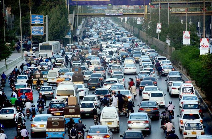 A view of heavy traffic jam at Shahrah-e-Faisal