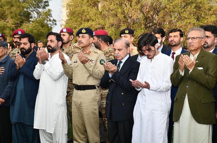 Prime Minister Muhammad Shehbaz Sharif attending the funeral prayers of Brigadier Mustafa Kamal Barki who was martyred while fighting terrorists in Angoor Adda, South Waziristan