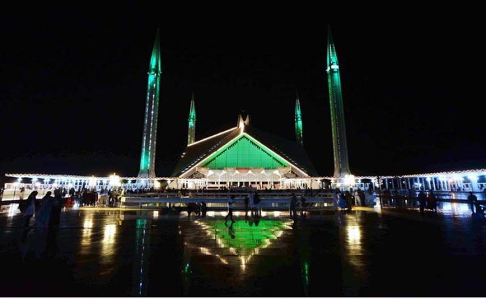 A well decorated view of Faisal Masjid with colourful lights in connection of odd night of 23rd Ramadan