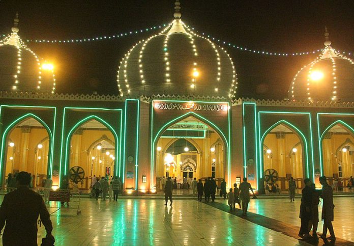 An illuminated view of Memon Masjid decorated with colorful lights in connection with Shab-e-Qadr (Laila Tal Qadr)