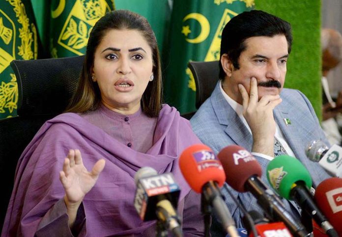 Federal Minister for Poverty Alleviation and Social Safety Shazia Marri addressing a press conference at PTV headquarters