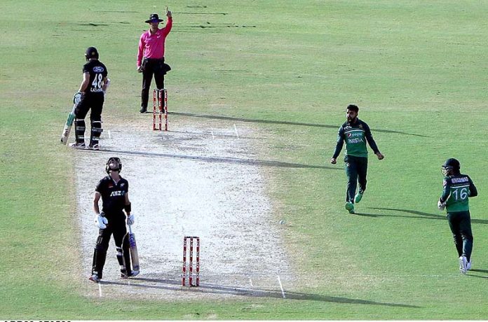 Pakistani bowler Shadab Khan celebrates after taking the wicket of New Zealand's batsman Will Young during 5th and final One-Day International (ODI) cricket match between Pakistan and New Zealand teams at the National Stadium