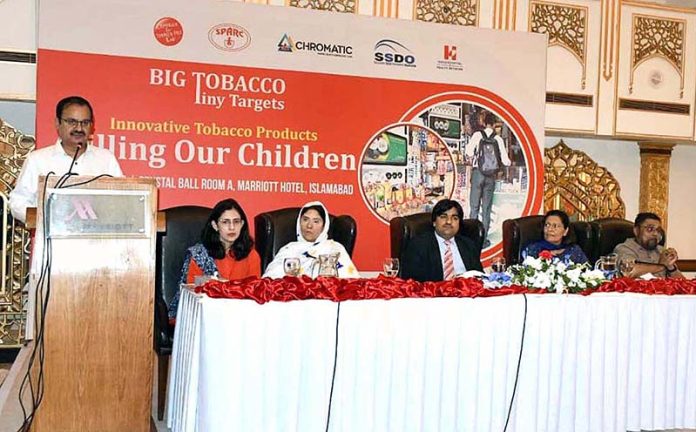 Special Assistant to Prime Minister on Health Services Regulations & Coordination Mahesh Kumar Malani addressing during the launching ceremony of “Big Tobacco - Tiny Targets” – a survey conducted by Society for Protection of the Rights of the Child (SPARC) in collaboration with Campaign for Tobacco Free Kids (CTFK)