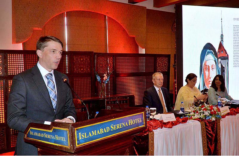 Ambassador of Czech Republic to Pakistan Tomáš Smetánka addressing to the launching ceremony of web page of the art project "The Czech and Pakistani Heroines" posters and a book celebrating women who shaped the past and present of Czechia and Pakistan