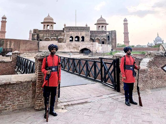 Guards on duty at Haveli Barod Khana Shahi Fort. Haveli Barod Khana is an 18th century mansion. It was built by a commanding general of the Sikh Army in the 18th century during the Sikh Era