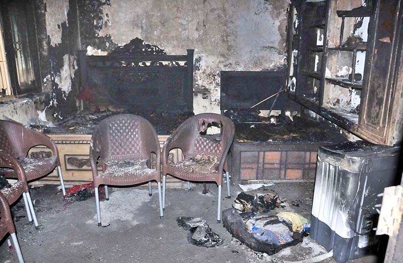 An inside view of a house burnt out as fire erupted due to leakage of the gas line that caused three household members’ death and several injuries at Madina Town Shamsabad