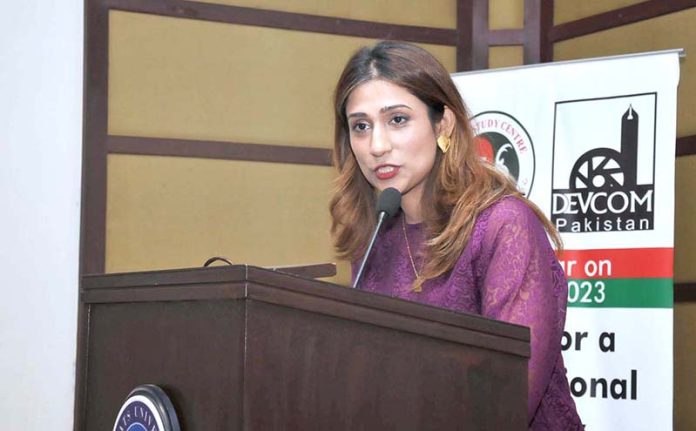 Research Fellow, Centre for China and Globalization, Beijing, Peoples Republic of China, Zoon Ahmed Khan addresses a seminar on China's New Paradigm Of Development organized by Devcom Pakistan at COMSATS University