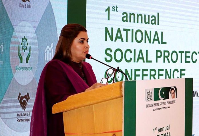 Ms Shazia Marri, Federal Minister for Poverty Alleviation and Social Safety & Chairperson Benazir Income Support Programme addressing inaugural session of Annual National Conference on Social Protection