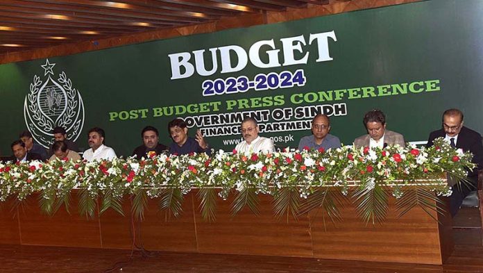 Sindh Chief Minister Syed Murad Ali Shah holding a post-budget press conference at the Sindh Assembly's auditorium