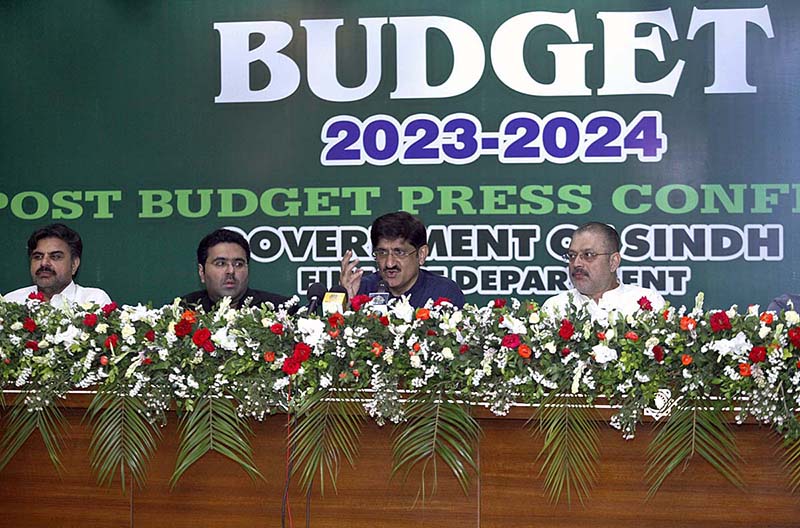 Sindh Chief Minister Syed Murad Ali Shah holding a post-budget press conference at the Sindh Assembly's auditorium