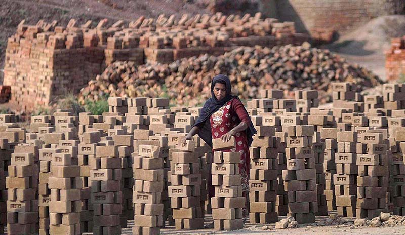 A labourer arranging raw bricks at a local brick kiln