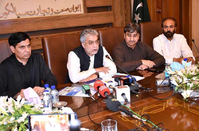 Vice President Chamber of Commerce and Industry Sialkot, Sheikh Amir Majeed Sheikh addressing a press conference