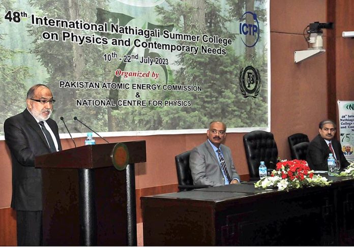 Chairman Pakistan Atomic Energy Commission (PAEC) Raja Ali Raza Anwar addressing during inaugural ceremony of 48th International Nathiagali Summer College (INSC) on Physics and Contemporary Needs at National Center for Physics (NCP) Quaid-e-Azam University