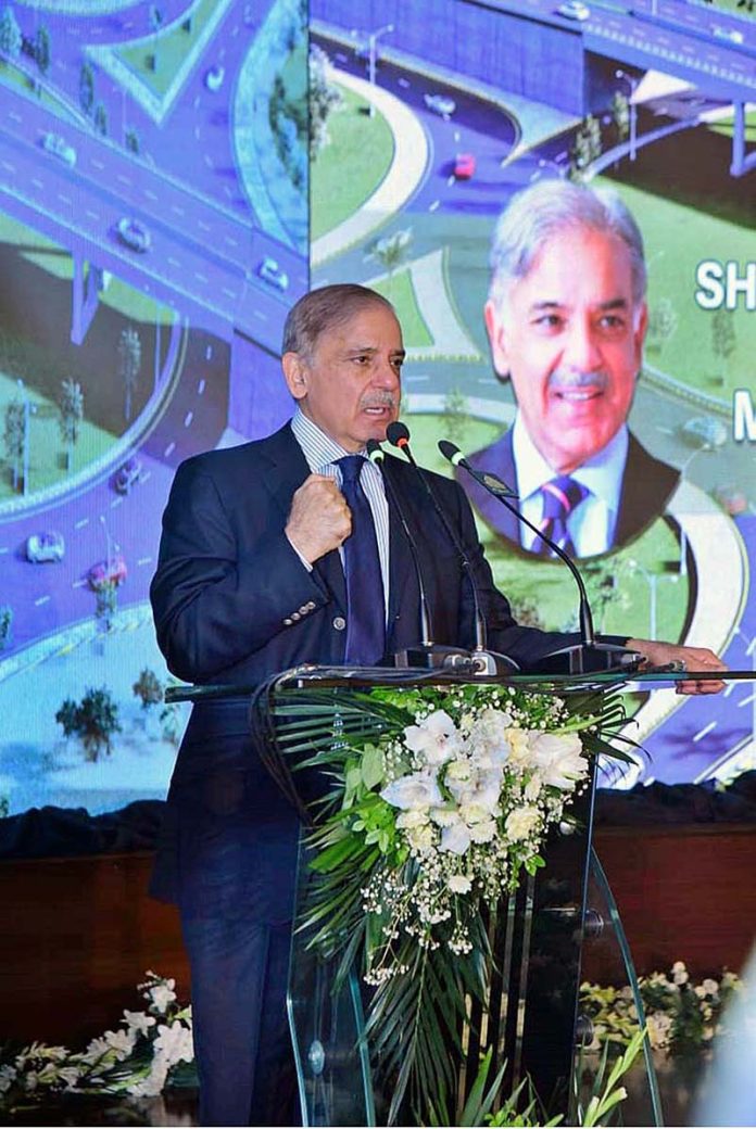 Prime Minister Muhammad Shehbaz Sharif addresses the ground breaking ceremony of Shaheen Chowk Flyover