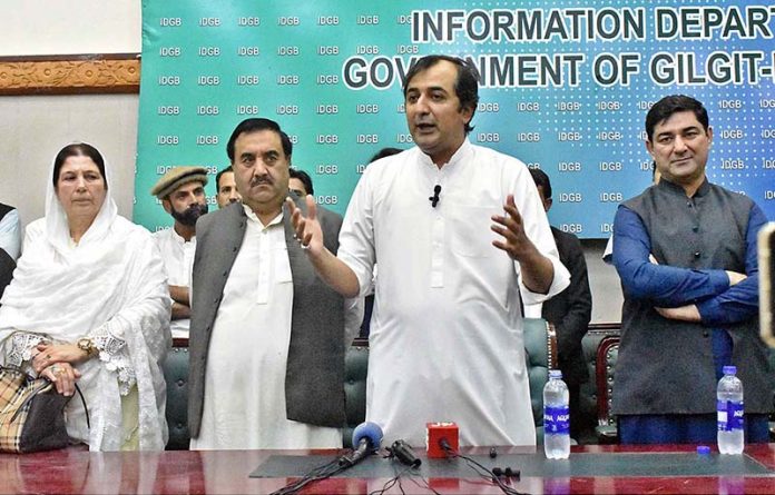 Former Chief Minister Gilgit-Baltistan Khalid Khurshid Khan addressing a press conference after GB Chief Court disqualified him in fake degree case