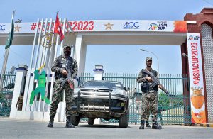 A large number of spectators standing in queue to enter the Multan Cricket Stadium for first cricket match of Asia Cup 2023 between Pakistan and Nepal