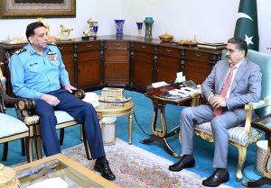 Chief of Air Staff Air Chief Marshal Zaheer Ahmed Babar Sidhu calls on caretaker Prime Minister Anwaar-ul-Haq Kakar