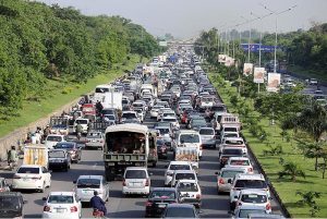 A view of massive traffic jam at Expressway in the Federal Capital