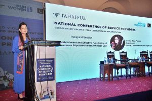 Ayesha Raza Farooq, Chairperson Special Committee on Anti-Rape Law addressing during National Conference of Service Providers Gender Based Violence: From Legislation to Implementation