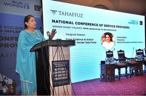 Ayesha Raza Farooq, Chairperson Special Committee on Anti-Rape Law addressing during National Conference of Service Providers Gender Based Violence: From Legislation to Implementation