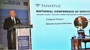 Ayesha Raza Farooq, Chairperson Special Committee on Anti-Rape Law addressing during National Conference of Service Providers Gender Based Violence: From Legislation to Implementation