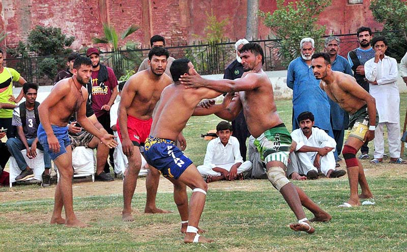 A view of kabaddi match played between Sargodha Green and Sargodha white kabaddi teams in connection with Independence Day organized by Sports Department at Company Bagh