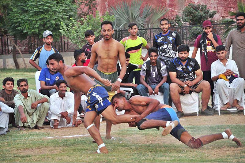 A view of kabaddi match played between Sargodha Green and Sargodha white kabaddi teams in connection with Independence Day organized by Sports Department at Company Bagh