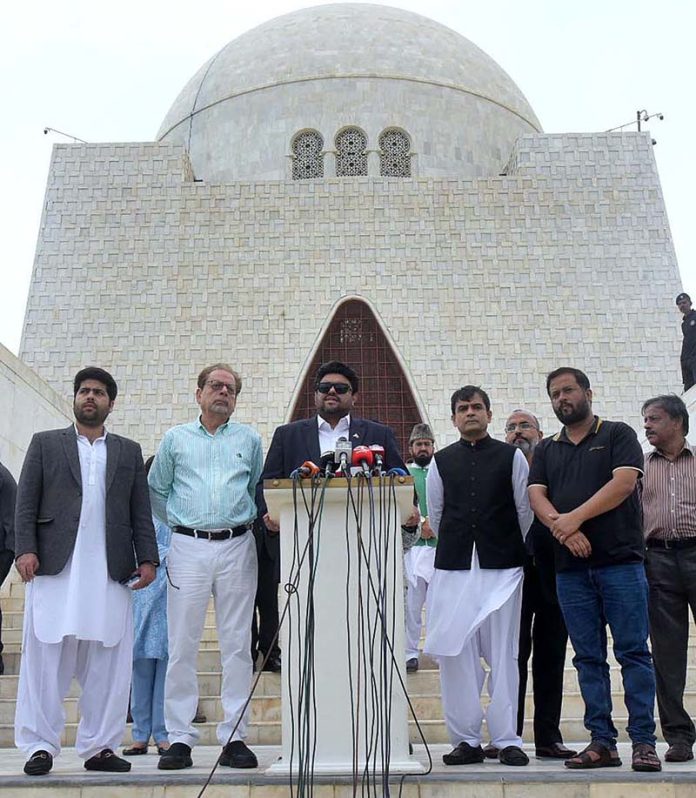 Sindh Governor Mohammed Kamran Khan Tessori talking to media persons after inspecting the preparations for Independence Day programs and the rally at Mazar-e-Quaid.