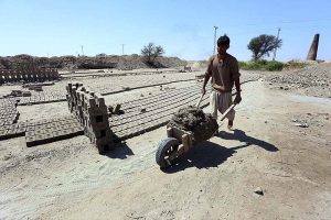 A Labourer making raw bricks at a local bricks Kiln at Tando Hyder