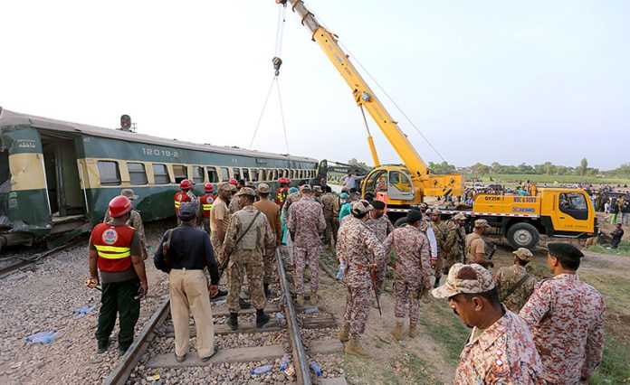 The recuse officials are busy in rescue operation at the site where 10 bogies of the Hazara Express derailed near Sarhari Railway Station, at least 15 passengers have lost their lives and over 50 have been injured, including women and children