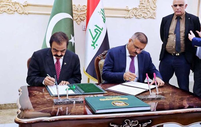 Federal Minister for Interior Rana Sana Ullah Khan and Interior Minister of Iraq Abdul Amir Al Shammari during an agreement signing ceremony