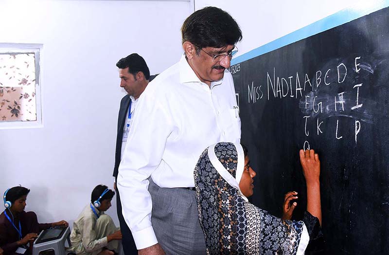 Sindh Chief Minister Syed Murad Ali Shah speaks at inauguration ceremony of the Accelerated Digital Learning Pro- gram (ADLP) - Digital Micro School set up by Sindh Education Foundation (SEF) in collaboration with Teach The World Foundation at Razakabad