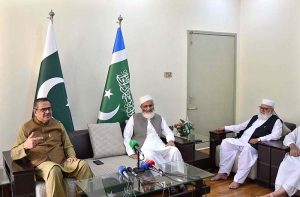 Caretaker Federal Minister for Religious Affairs and Interfaith Harmony Aneeq Ahmed along with Ameer Jamaat-e-Islami Sirajul Haque talking to media persons at Jamaat-e-Islami Center Mansoora.