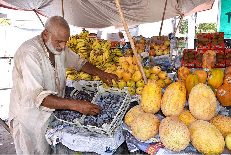 A vendor arranging and displaying fruits to seek attention of customers ...