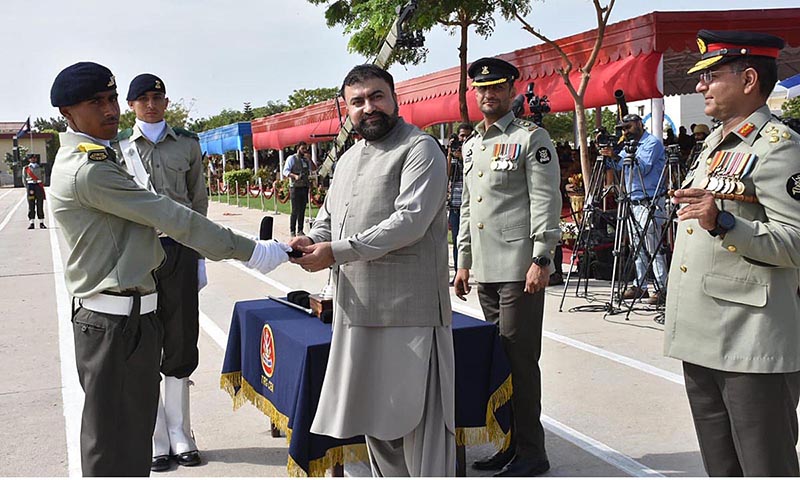 Caretaker Federal Minister for Interior Sarfraz Ahmed Bugti addressing the audience during the passing out ceremony of Basic Recruit Course of Pakistan Coast Guard