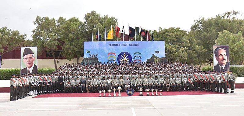 Caretaker Federal Minister for Interior Sarfraz Ahmed Bugti addressing the audience during the passing out ceremony of Basic Recruit Course of Pakistan Coast Guard