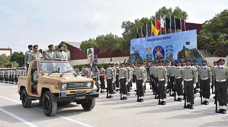 Caretaker Federal Minister for Interior Sarfraz Ahmed Bugti addressing the audience during the passing out ceremony of Basic Recruit Course of Pakistan Coast Guard