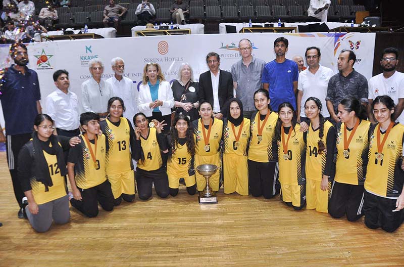 Women team players competing during the 7-Basketball Game Day 2023 at Liaquat Gymnasium, Pakistan Sports Complex.